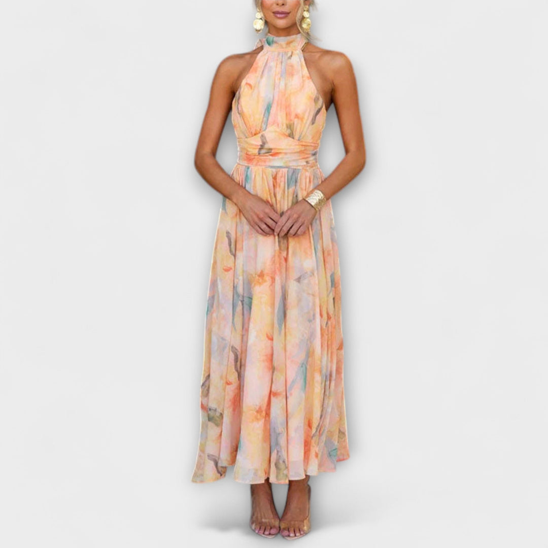 Maxi Jurk met Halternek en Waterverf Print