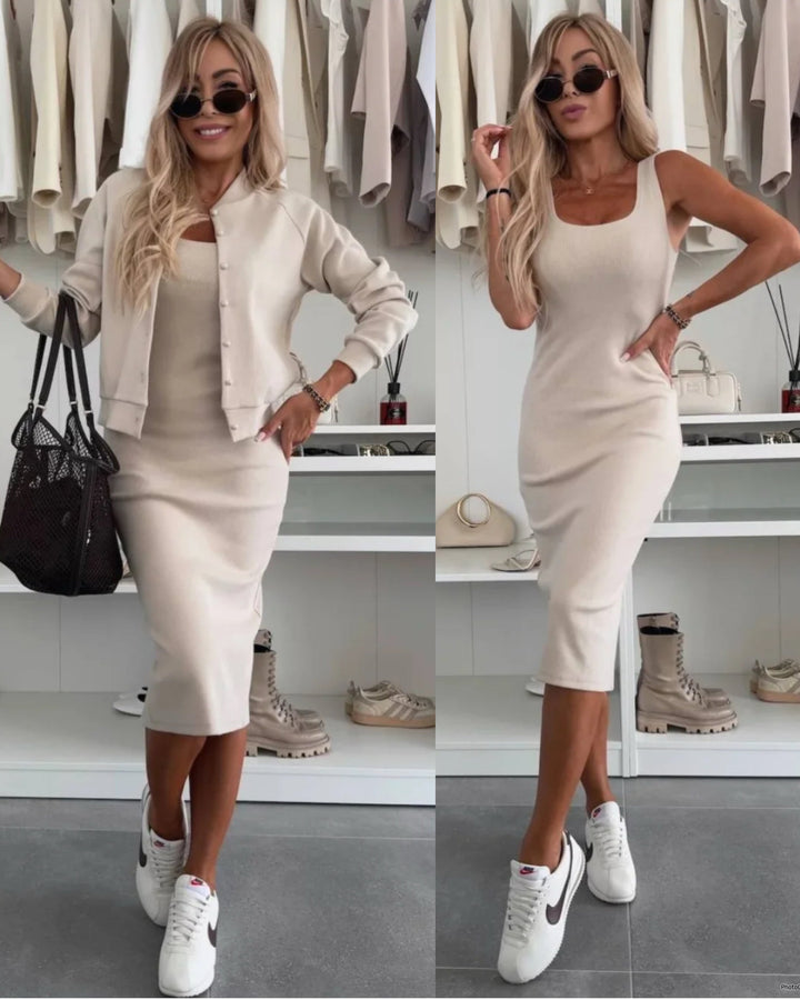 Karin™ | Geribbelde Midi Jurk & Bomberjas Set
