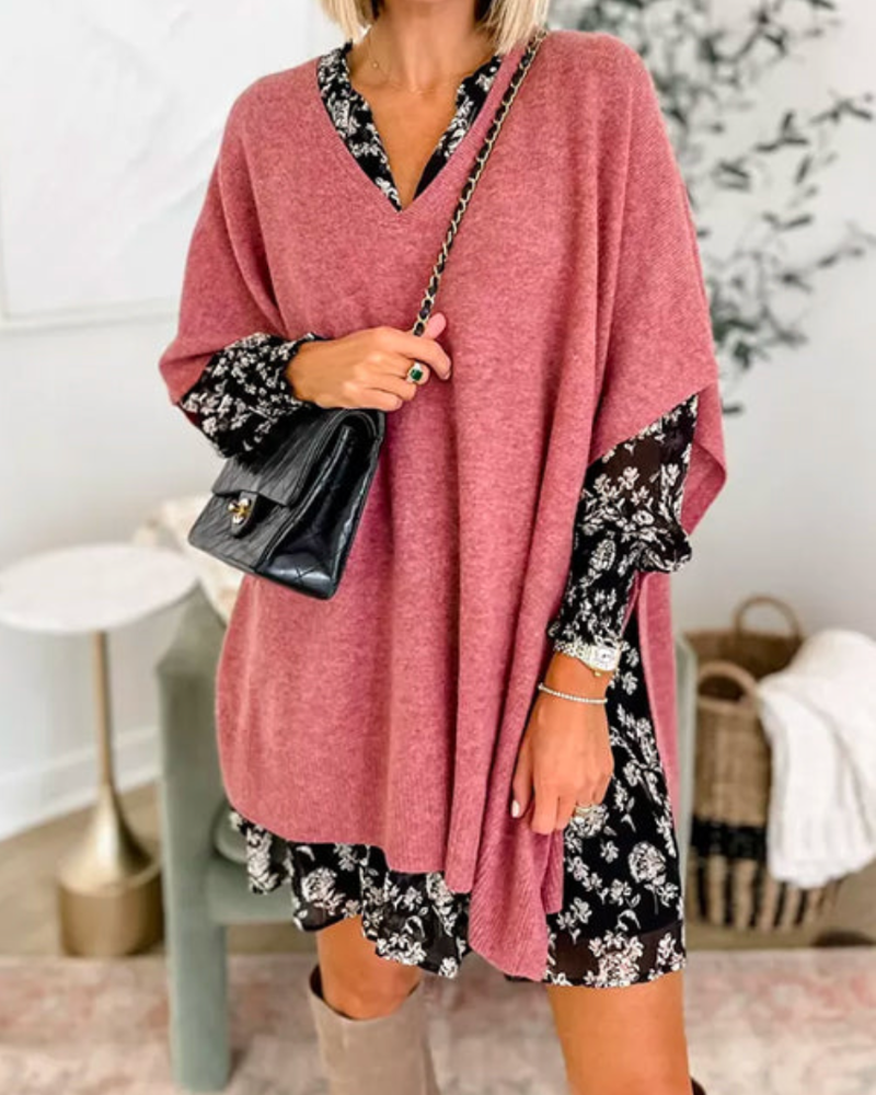 ERICA™ - V-hals Poncho Trui in Effen Kleur met Losse Pasvorm