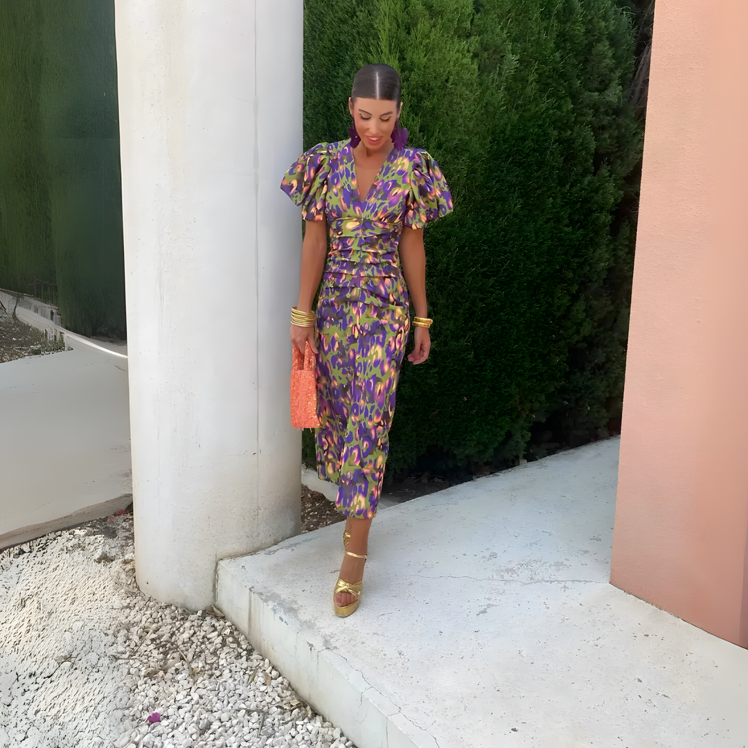 Lena™ | Colorful dress with gathered sleeves