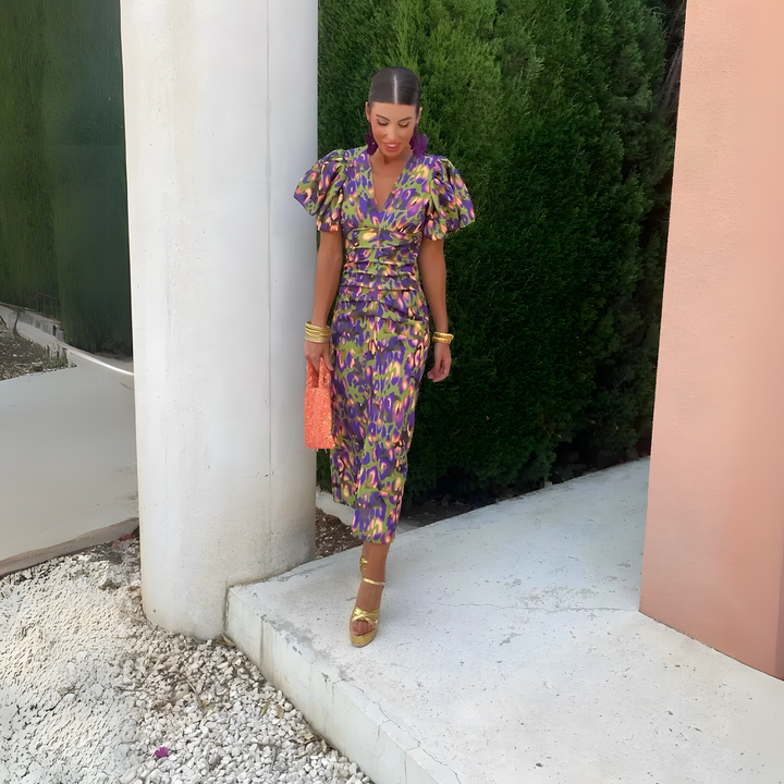 Lena™ | Colorful dress with gathered sleeves