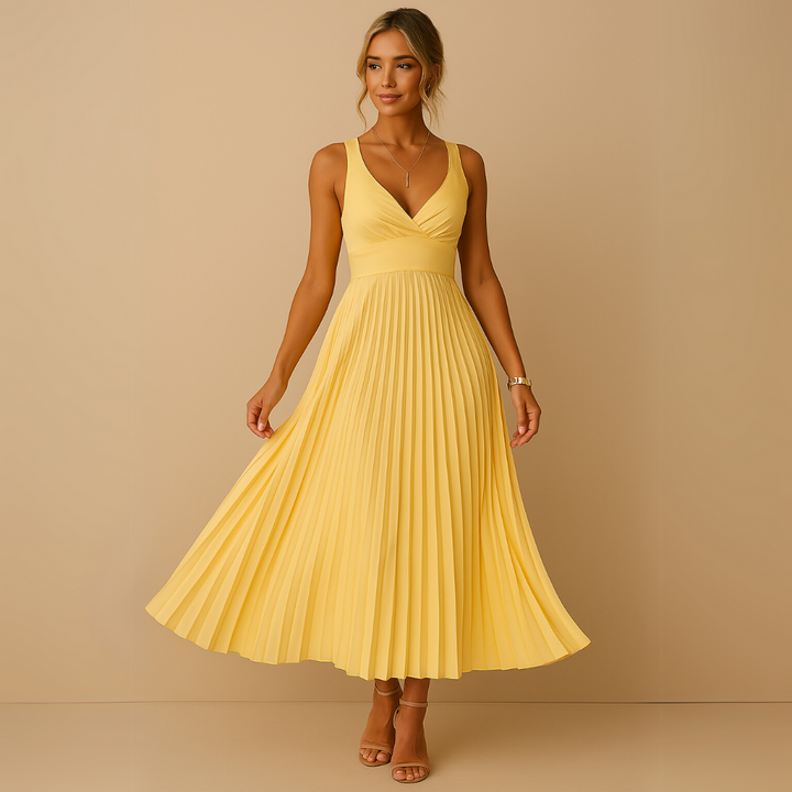 Zonnebloem | Gele Geplooide V-hals Jurk
