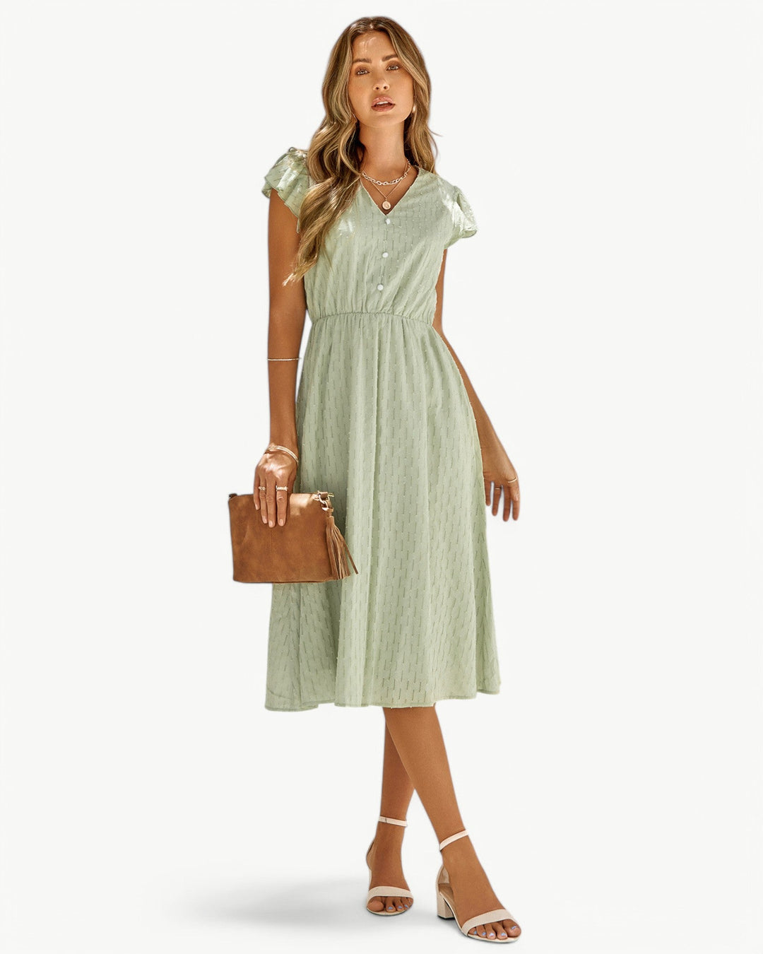 LARA – Midi Dress with V-neck and Ruffle Sleeves – Light & Stylish Favourite