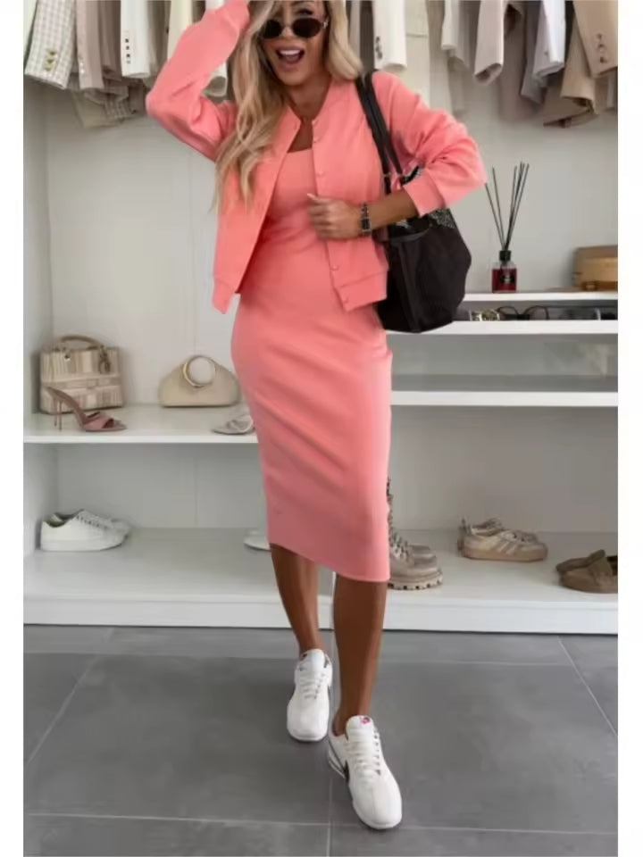 Karin™ | Geribbelde Midi Jurk & Bomberjas Set